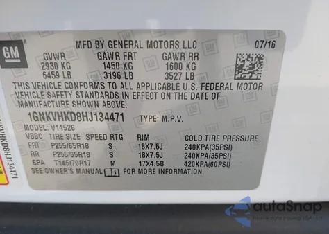 2017 Chevrolet Traverse 2Lt z USA, uszkodzony, nr VIN 1GNKVHKD8HJ134471